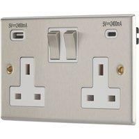 Contactum iConic 13A 2-Gang DP Switched Socket + 4.8A 24W 2-Outlet Type A & C USB Charger Brushed Stainless Steel with White Inserts (264RR)