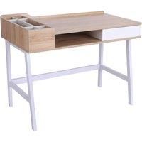 HOMCOM Computer Writing Desk Workstation with Drawer, Storage Compartments, Cable Management, Laptop Table Metal Frame Oak and White