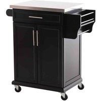 HOMCOM Wooden Kitchen Cart Serving Trolley Storage Cabinet Cupboard with Stainless Steel Top 1 Drawer 4 Wheels Side Handle & Rack - Black