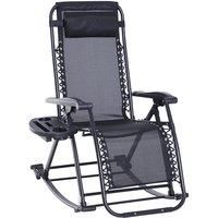 Outsunny Garden Rocking Chair Folding Recliner Outdoor Adjustable Sun Lounger Rocker Zero-Gravity Seat with Headrest Side Holder Patio Deck - Black