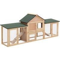 PawHut Deluxe Two-Storey Wooden Bunny Rabbit Hutch, Guinea Pig Hutch, w/ Ladder Outdoor Run Box Slide-out Tray 210 x 45.5 x 84.5 cm