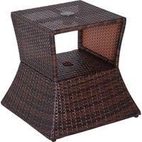 Outsunny Outdoor Patio Rattan Wicker Coffee Table Bistro Side Table w/ Umbrella Hole and Storage Space, Brown