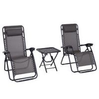 Outsunny 3PC Zero Gravity Chairs Sun Lounger Table Set W/ Cup Holders Dark Grey