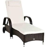 Outsunny Garden Rattan Furniture Single Sun Lounger Recliner Bed Reclining Chair Patio Outdoor Wicker Weave Adjustable Headrest with Fire Retardant Cushion - Brown