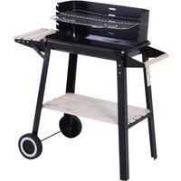 Outsunny Trolley Charcoal BBQ Barbecue Grill Outdoor Patio Garden Heating Smoker with Side Trays Storage Shelf and Wheels