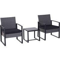 Outsunny 3PC Rattan Coffee Table and 2 Chairs Set Bistro Set Garden Yard Outdoor Patio Wicker Furniture Grey