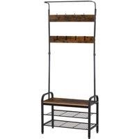 HOMCOM Coat Rack Stand Industrial hallway Shoe Rack Removable Hooks Metal Wood Hangers Storage Cabinet Rustic Brown 72L34W185H(cm)