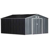 Outsunny 13 x 11ft Outdoor Garden Roofed Metal Storage Shed Tool Box with Foundation Ventilation & Doors, Grey