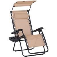 Outsunny Zero Gravity Garden Deck Folding Chair Patio Sun Lounger Reclining Seat with Cup Holder & Canopy Shade - Beige