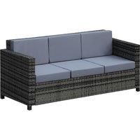 Outsunny Garden Rattan Sofa 3 Seater All-Weather Wicker Weave Metal Frame Chair with Fire Resistant Cushion - Grey