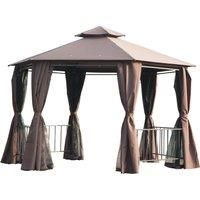 Outsunny Hexagon Gazebo Patio Canopy Party Tent Outdoor Garden Shelter w/ 2 Tier Roof & Side Panel - Brown