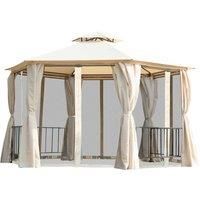 Outsunny Hexagon Gazebo Patio Canopy Party Tent Outdoor Garden Shelter w/ 2 Tier Roof & Side Panel - Beige