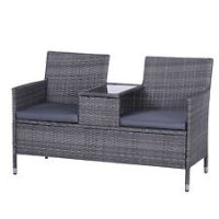 Outsunny PE Rattan 2Seat Table Bench w/ Padded Cushions Glass Tabletop Grey