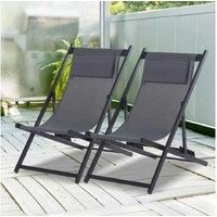 Outsunny Set of 2 Folding Garden Beach Aluminium Frame Deck Chairs Deckchairs Seaside Folding Garden Patio Lounger, Grey