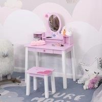 HOMCOM 2 PCS Kids Wooden Dressing Table and Stool Girls Vanity Table Makeup Table Set with Mirror Drawers Role Play for Toddlers 3 Year+, Pink White