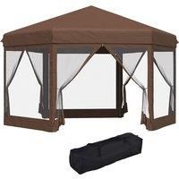 Outsunny 3m x 3.5m Hexagonal Garden Gazebo Patio Party Outdoor Pop Up Canopy Tent Sun Shelter Adjustable with Mosquito Netting Zipped Door - Brown