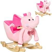 HOMCOM 2 In 1 Plush Baby Ride on Rocking Horse Elephant Rocker with Wheels Wooden Toy for Kids 32 Songs (Pink)