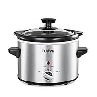 Tower Stainless Steel Slow Cooker with 3 Heat Settings, Keep Warm Function, Tempered Glass Lid, Removable Ceramic Pot, 1.5 Litre, 120 W, Silver