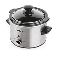 Tower Stainless Steel Slow Cooker with 3 Heat Settings, Keep Warm Function, Tempered Glass Lid, Removable Ceramic Pot, 1.5 Litre, 120 W, Silver