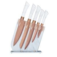 Tower Kitchen Knife Set with Acrylic Knife Block, Stainless Steel with Soft Touch Handles, White Marble and Rose Gold, 5 Piece