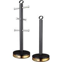 Tower T826092BLK Empire Mug Tree and Kitchen Roll Holder, Steel Body with Stylish Art Deco Design, Weighted Base, Black