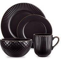 Tower T867002BLK Empire 16 Piece Dinnerware Set, Stoneware, Black and Brass, New