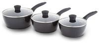 Tower T900131 Diamo 3 Piece Cookware Set, 18cm/20cm/22cm Saucepans with Tempered Glass Lids, Black Diamond Non-Stick Ceramic Coating, Black