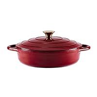 Tower BO800253RED Barbary & Oak Shallow Cast Iron Casserole Pan with Durable Enamel Interior, 28cm, Bordeaux Red