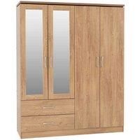 Seconique Charles 4 Door 2 Drawer Mirrored Wardrobe, Oak Effect with Walnut Trim, 419.95 x 1814.95 x 104.95 cm