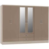Seconique Nevada 6 Door 2 Drawer Mirrored Wardrobe, Engineered Wood, Oyster Gloss/Light Oak Effect Veneer, W 2300mm x D 520mm x H 1825mm