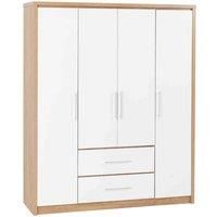 SEVILLE 4 DOOR 2 DRAWER WARDROBE HANGING RAIL WHITE GLOSS/LIGHT OAK EFFECT