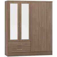 Nevada 4 Door 2 Drawer Mirrored Wardrobe Rustic Oak Effect Finish Hanging Rail