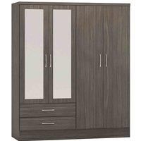 Seconique Nevada 4 Door 2 Drawer Mirrored Wardrobe in Black Wood Grain, Engineered