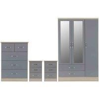 Nevada 3 Door 2 Drawer Mirrored Wardrobe Bedroom Set Grey Gloss/Light Oak Effect