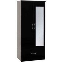 Seconique Nevada Mirrored 2 Door 1 Drawer Wardrobe in Black Gloss, Engineered Wood, W 780mm x D 520mm x H 1825mm