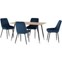 Seconique Dining Set, Engineered Wood, Medium Oak Effect/Black/Sapphire Blue Velvet, W 1400mm x D 800mm x H 750mm