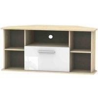 Welcome Furniture Ready Assembled Contrast Corner Tv Unit In White Gloss & Bardolino Oak