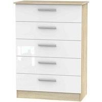 Welcome Furniture Ready Assembled Contrast 5 Drawer Chest In White Gloss & Bardolino Oak