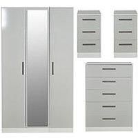 Swift Montreal Gloss Ready Assembled 4 Piece Package  3 Door Mirrored Wardrobe, 5 Drawer Chest And 2 Bedside Chests