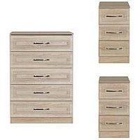 Swift Winchester Ready Assembled 3 Piece Package  5 Drawer Chest And 2 Bedside Chests