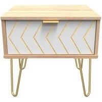 Ready Assembled Hirato 5 Drawer Tall Boy Bardolino Oak Gold Metal Hairpin Legs