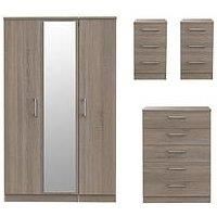 Swift Halton Part Assembled 4 Piece Package  3 Door Mirrored Wardrobe, 5 Drawer Chest And 2 Bedside Chests
