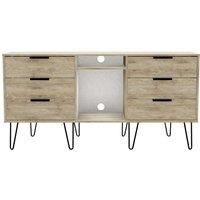 Ready Assembled Hirato 6 Drawer TV Unit Nebraska Oak Black Metal Hairpin Legs