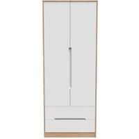 Ready Assembled Barquero Tall 2 Drawer Wardrobe - White Matt and Bardolino Oak
