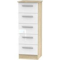 Welcome Furniture Ready Assembled Contrast 5 Drawer Tallboy In White Gloss & Bardolino Oak
