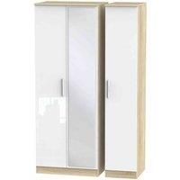 Welcome Furniture Ready Assembled Contrast Triple Mirror Wardrobe In White Gloss & Bardolino Oak