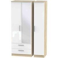 Welcome Furniture Ready Assembled Contrast Triple Mirror Wardrobe With 2 Drawers In White Gloss & Bardolino Oak