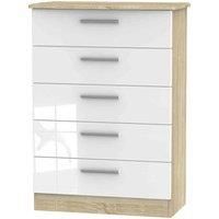 Ready Assembled Fourrisse 5 Drawer Chest - White Gloss and Bardolino Oak