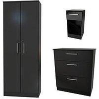Swift Montreal Gloss 3 Piece Ready Assembled Package &Ndash; 2 Door Wardrobe, 3 Drawer Chest And 1 Drawer Bedside Table - Black