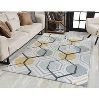 Modern Geometrical Hexagon Design Hand Carved Rugs Black-Gold-Grey Colour